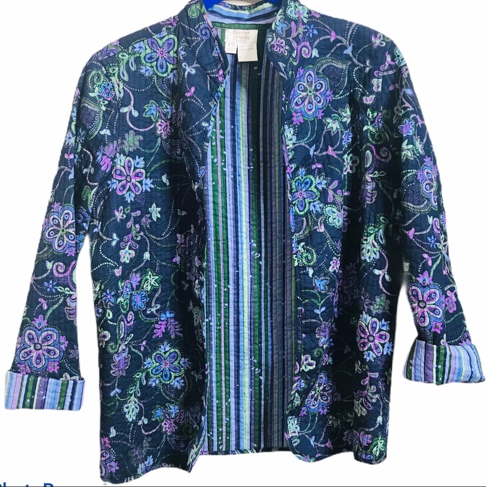Vintage Baxter & Wells Quilted Floral Stripe Open Front Jacket Sz Small Petite
